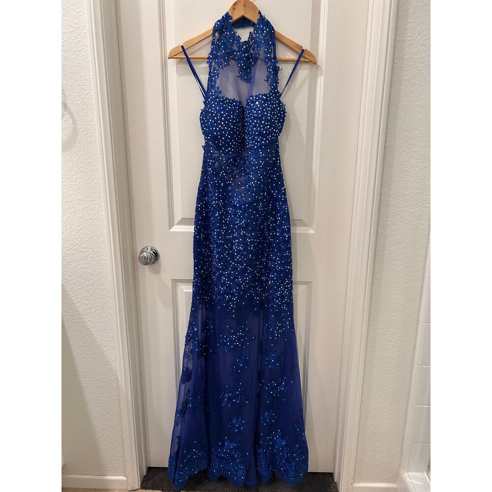 Jovani Royal Blue Beaded Illusion Halter Floor Length Gown Dress Size 6 - Picture 2 of 11